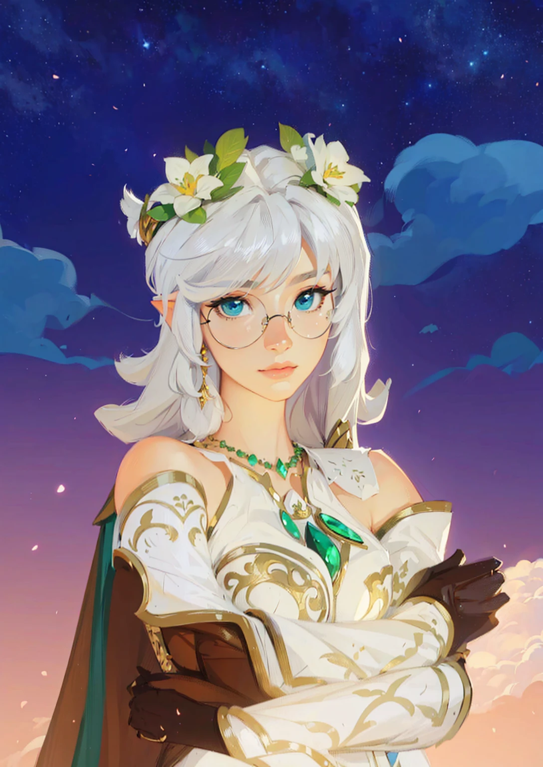 ((Best Quality, 8K, Masterpiece: 1.3)), best quality, ultra high res, texture, hyper realistic, masterpiece, detailed texture, detailed face, detailed skin, detailed lighting, (photorealistic:1.5), best quality, beautiful lighting, cinematic lighting, professional lighting, ultra highres, realistic, a girl in a white dress holding a sword and a sword, the goddess artemis smirking, lady palutena, wearing one pair of glasses, portrait knights of zodiac girl, alluring elf princess knight, beautiful celestial mage, fey queen of the summer forest, female earth mage, cotton cloud mage robes, palutena, goddess of nature, goddess of summer, goddess of wisdom, elf princess knight