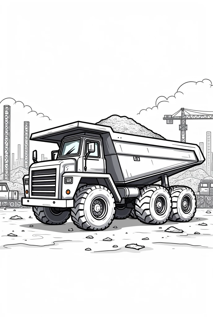 Please, Create a black and white drawing of a dump truck construction truck, loaded with sand or rocks. The truck should be sturdy and easy to color., with a background showing a construction site, but leave room for the kids to add more machinery or workers.