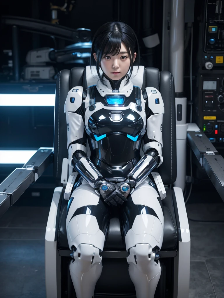 Japanese female android,Black Hair,He is completely strapped to a large chair with a thick strap.,Plump,Slightly thicker,Squat,White robot suit,There is a control panel on the chest.,Robotic arms and legs,A room surrounded by machines,