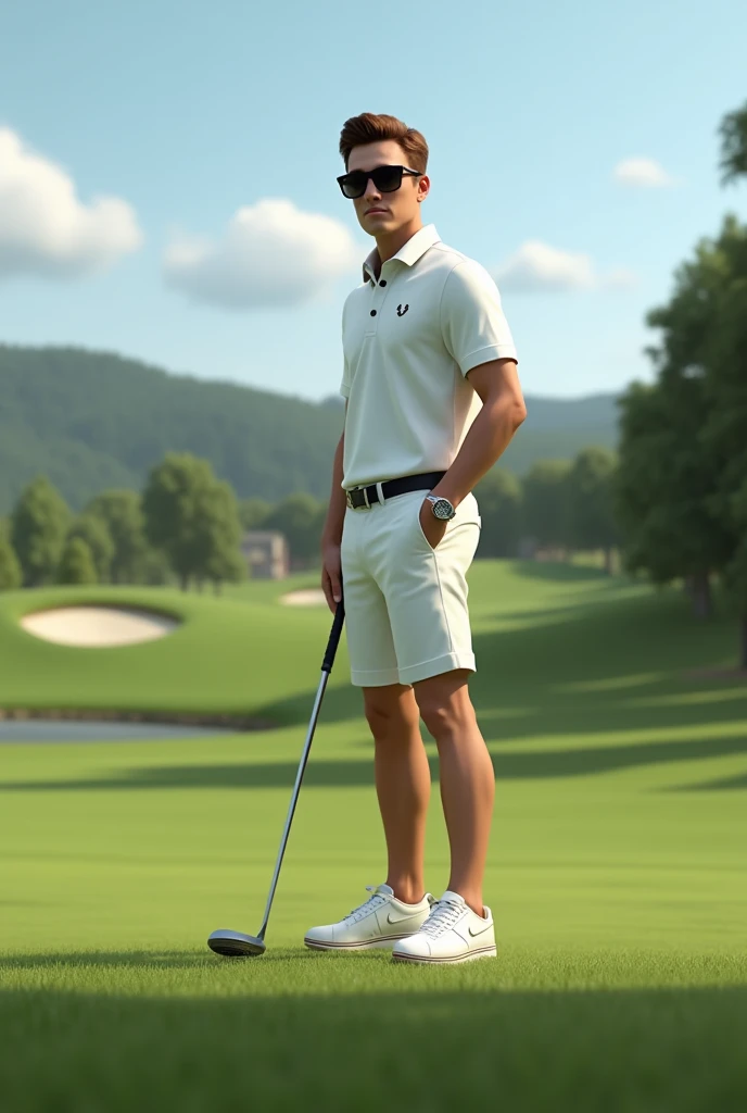 (Photorealism:1.2), golfer playing on the course full body brown hair and eyes wearing a white Fred Perry polo shirt and Rayban sunglasses and white Nike sneakers 8k ultra realistic photorealistic super detailed