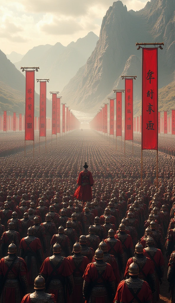 An expansive field with 635,000 soldiers, the largest army of the Tang Dynasty. Soldiers in traditional Chinese armor stand in disciplined rows under the command of their generals. The soldiers are backed by tall banners bearing the Tang Dynasty’s emblem, with mountains in the background and a river cutting through the land.