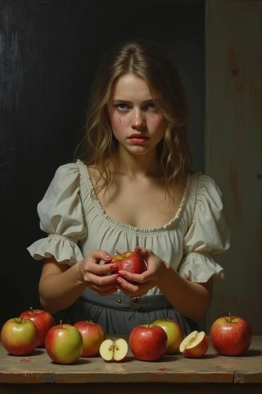 Classical painting of a depressed woman crying and peeling apples, looking at you, tears, gloomy, painful
