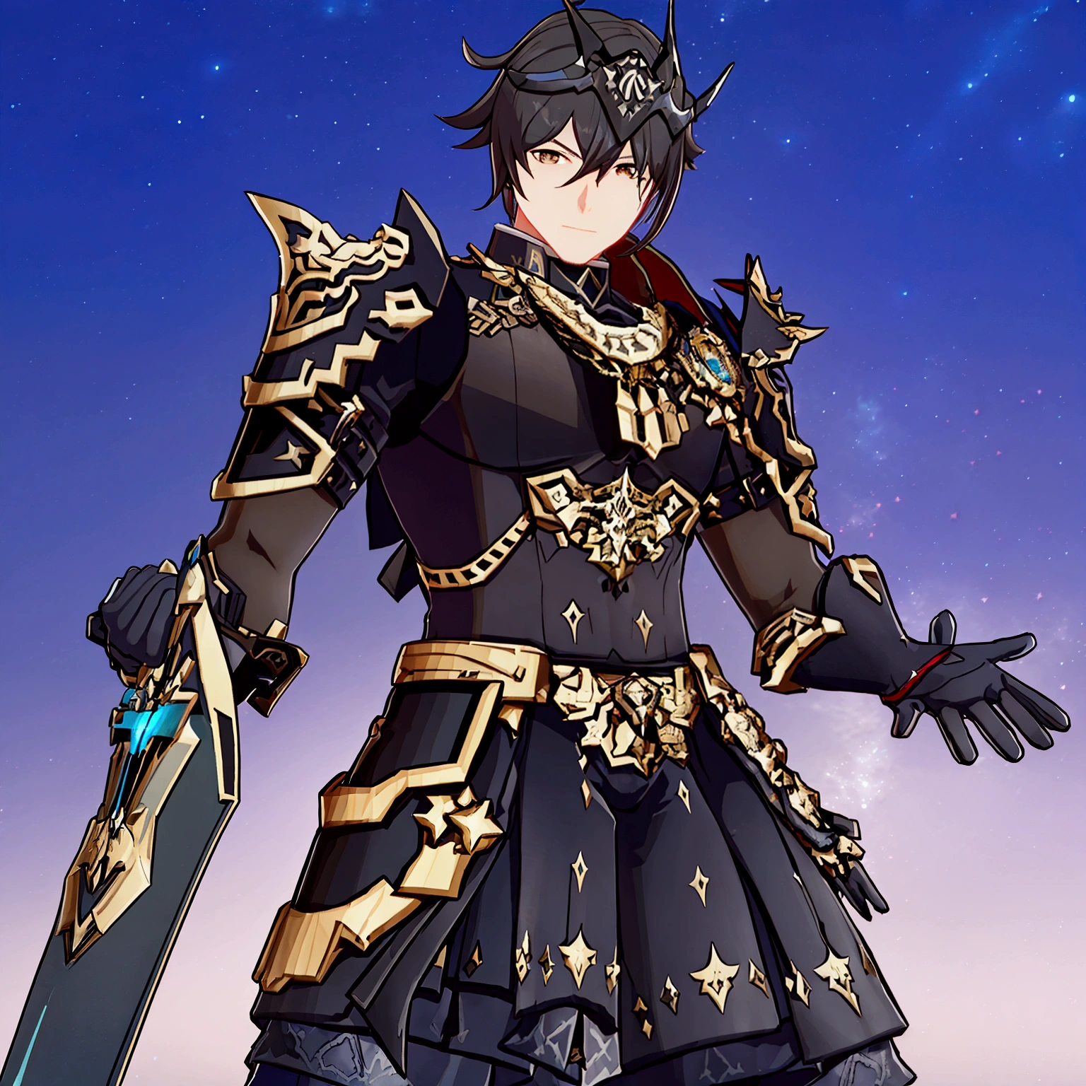 masterpiece, best quality, 3d, 1boy, solo, mature male, armor, crossed arms, sky, Capitano from Genshin Impact black-golden armor, black helmet, very big sword