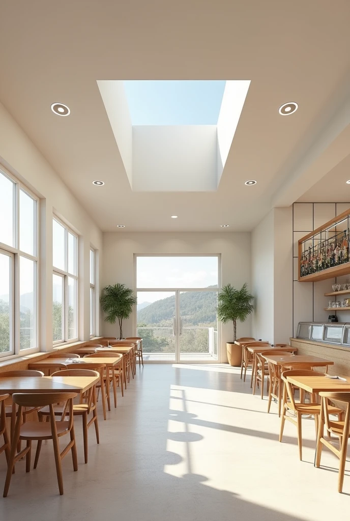 Create a 3d perspective for an architectural rendition of 10.5 x 8.2 mess hall or canteen, make cafe style or restaurant style make the ceiling drop ceiling plain white with t8 led lights it has 2 glass doors on the right and 3 windows on the left