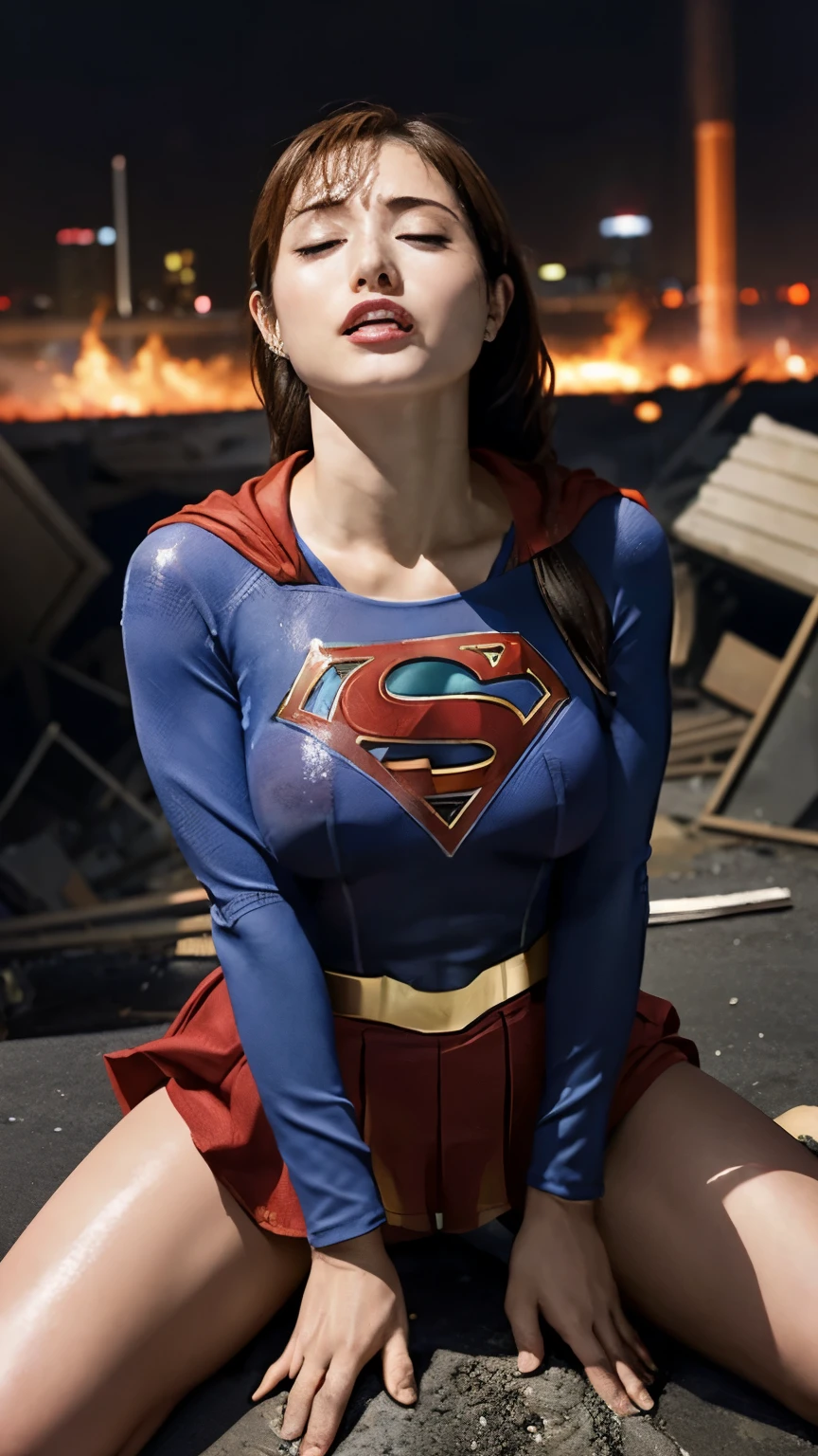 Supergirl, Lying face up, Lying upwards, Clothes are torn and breasts and nipples are visible, Losing a battle with a formidable opponent, Spread your legs wide, Thighs, Beautiful feet, Anguished expression, Eyes closed, Looks spicy, Beautiful Supergirl, rubble of a destroyed building burning hot fire, Supergirl was sweating profusely, Supergirl had wet sweat on her chest, Supergirl had wet sweat on her head, Costume is torn, Supergirl is seriously injured, The destroyed metropolis at night, supergirl is beaten and destroyed, Unconscious