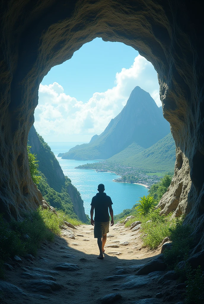 Make a picture showing a figure walking alone from the entrance of a large tunnel, walking towards the inside of the tunnel with facial details. The end of the tunnel shows a view of the ancient village of Ternate, North Maluku, Indonesia with the ocean and Mount Ternate. Emphasize the contrast between the dark, rough ground of the tunnel and the bright landscape.