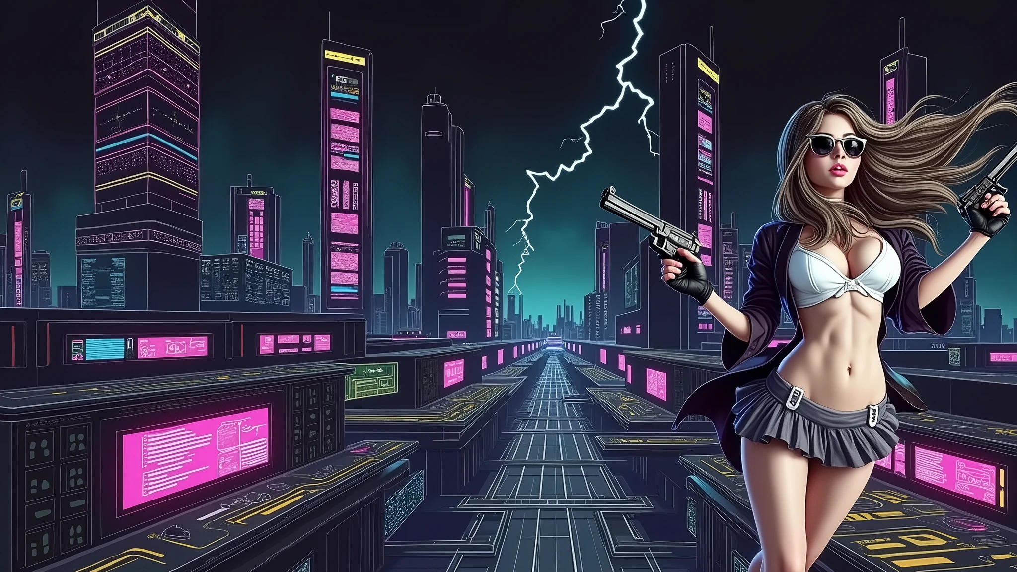 Futuristic cityscapes with colorful all-glass outlined towering skyscrapers with lightning, flying vehicle. High-resolution OLED GUI interfaces in the building, The windows are filled with transparent data visualization infographics that show it all, Egyptian fantasy arts, Egyptian statue, (Egyptian hieroglyphics). Colors are saturated and vibrant. At night, (1girl, solo, alone), photorealistic, large-breast slim:0.6 body, oval:0.5 face, cleavage:1.1, very low angle view of pleated miniskirt, deep-v, (upskirt), glove, (Matrix style black micro sunglasses), (aiming viewer with a short gun), dynamic running pose, (half-body thigh level close-up shot), cinematic lighting, ray tracing, motion blur background.