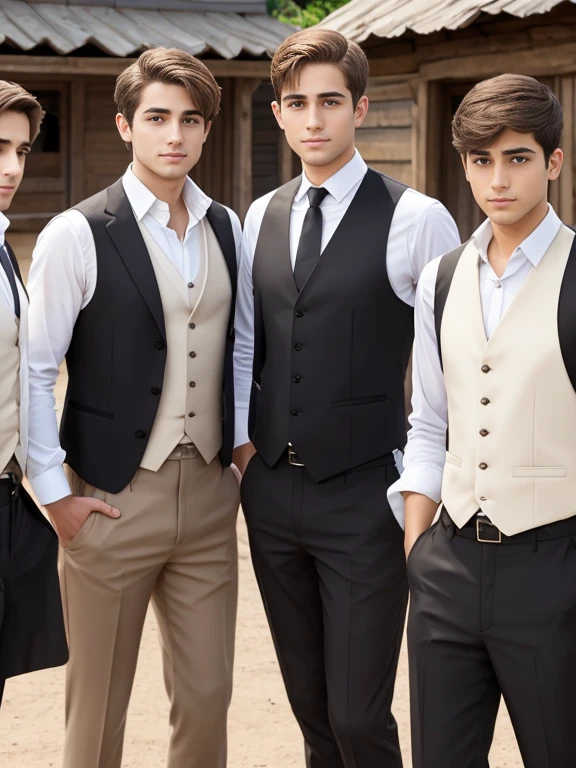 Group of young Jews with light brown hair, in a commercial village, wearing black pants, white dress shirt and closed vest. Focus on character and setting.
