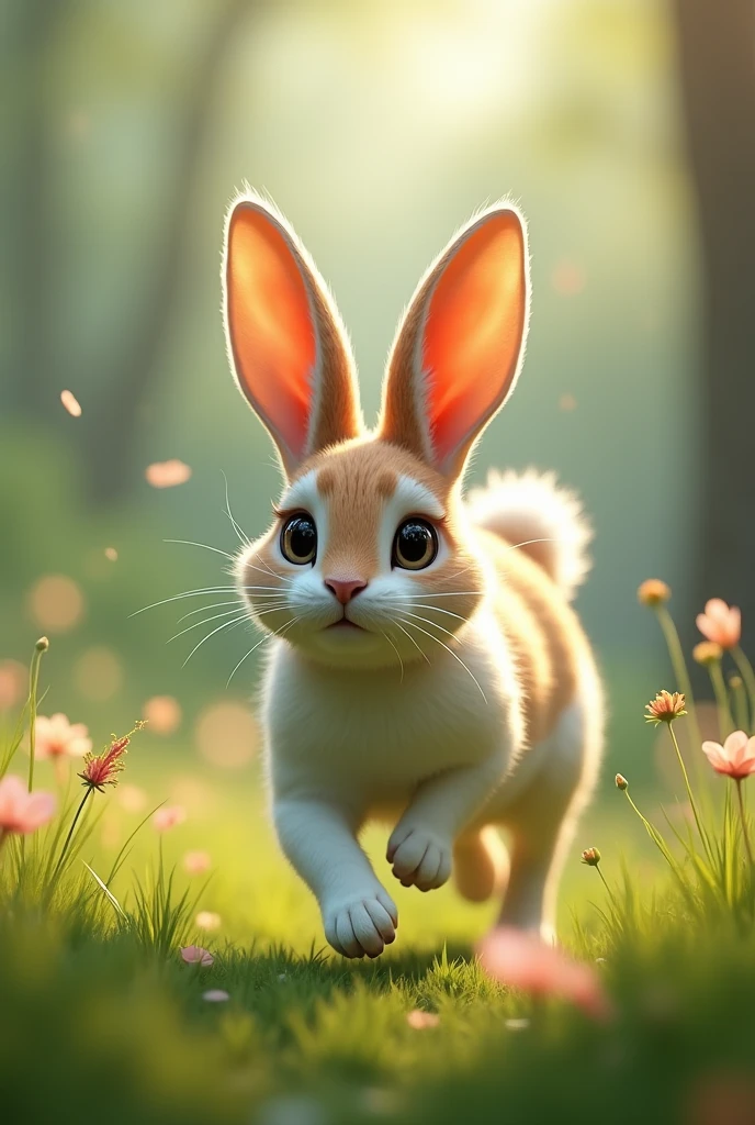 Cat + Rabbit hybrid fusion A cat with the long, floppy ears and twitchy nose of a rabbit, hopping through a meadow.