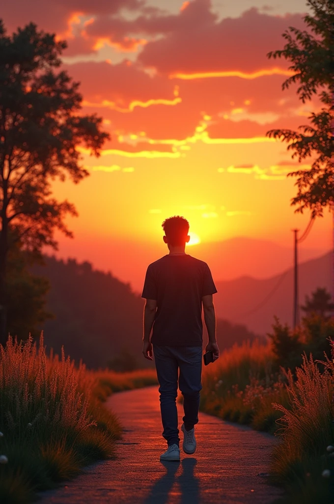 A guy walking with phone listening to music on a beautiful sunset 