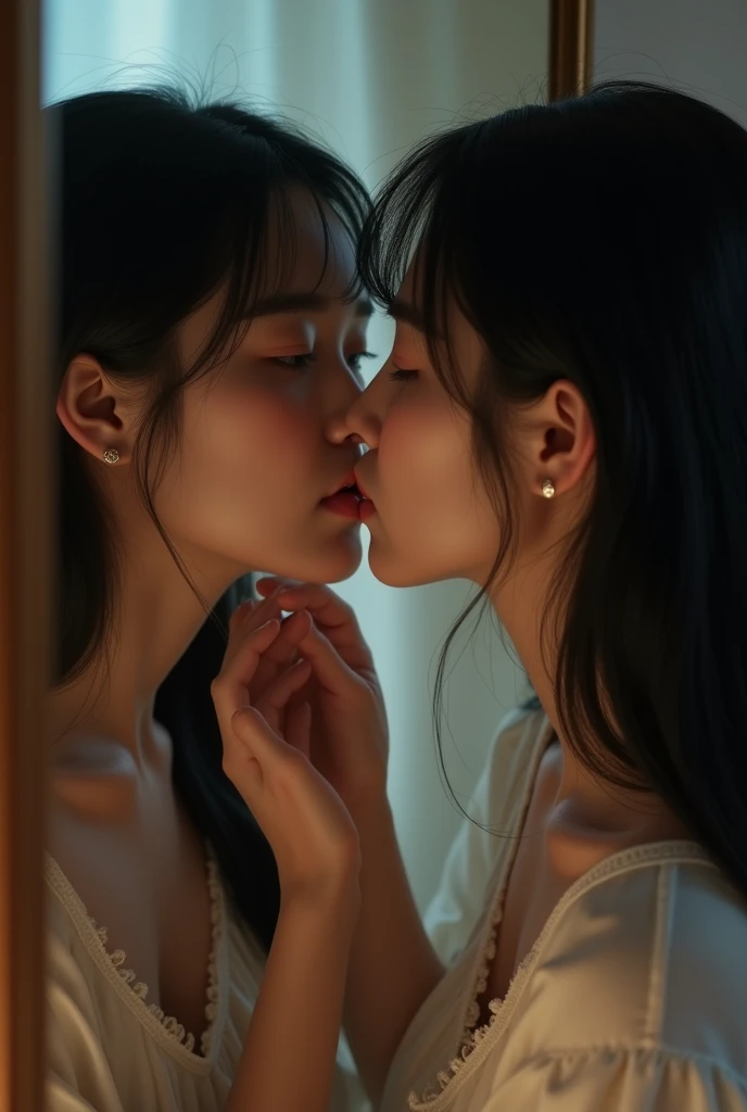 Korean girl kissing herself on the mirror taking selfie from her hand
