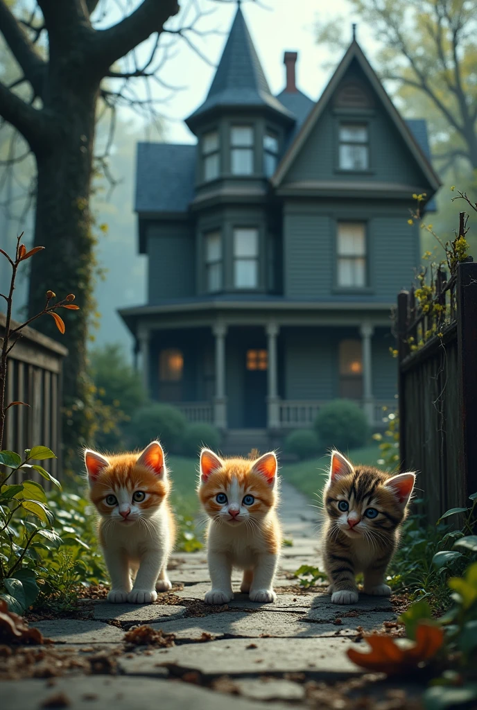 Three kittens in front of a haunted house