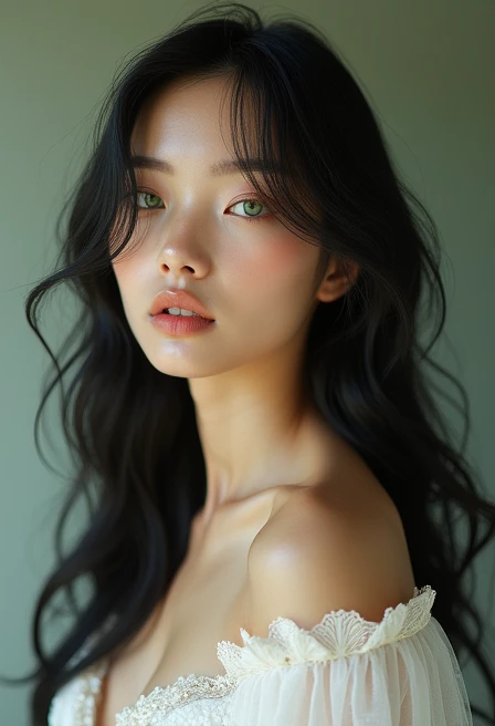 Beautiful ung woman, Bblack hair, long hair,greeneyes, minimalist wedding dress High resolution, anatomically correcte, best qualityer, High details, Textured skin,