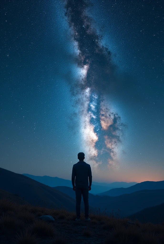 A man looking at milky way galaxy at night