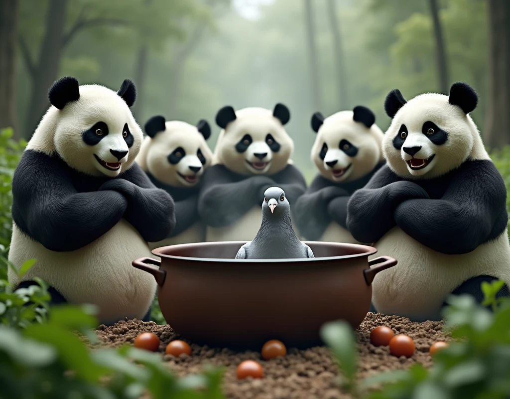 Ultra-realism, (masterpiece, best quality, ultra detailed, photorealistic:1.2), ((Muscular panda has a smiling expression)), A group of muscular pandas with folded arms are gathered around watching a grey pigeon being cooked in a big stockpot on the stove., forest, (big stockpotからグレーのハトの頭が出ている), (Gray pigeon has a frightened expression),