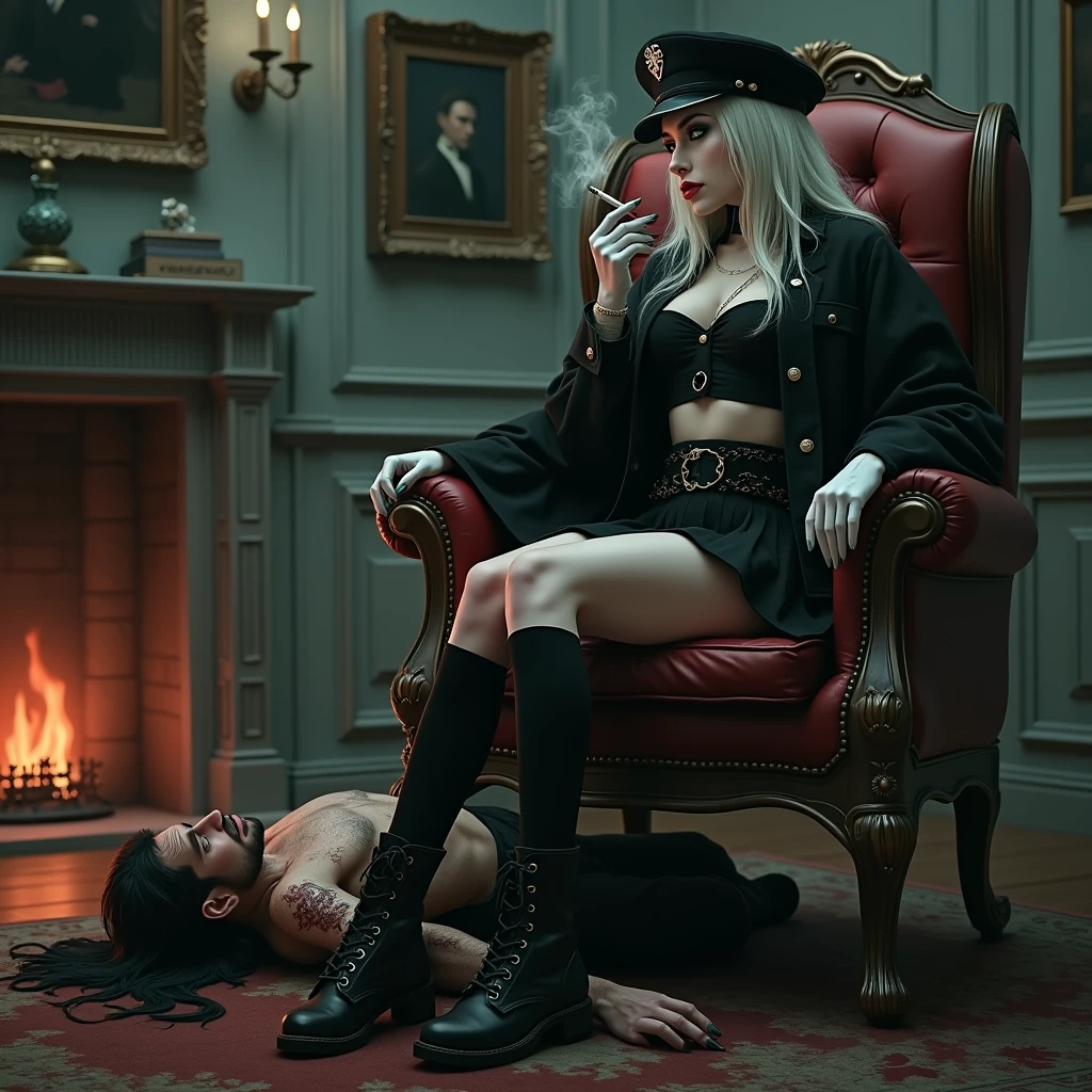 A gothic woman, with white skin, platinum black hair, green eyes, red lips, dressed in a gothic uniform with a short skirt, jacket, white gloves, hat, black thigh high socks, black combat boots, is sitting in a luxurious armchair. , and holds a cigarette in her hand while spitting saliva on the ground.
Under her boots a man, black haired, thin, with marked ribs, scars on the skin, dressed in torn pants and a dirty shirt, is lying face down, and sticks out his tongue to clean the garbage from the floor.
In the background, an elegant room with gray walls, a fireplace lit in a corner, and decorative paintings.