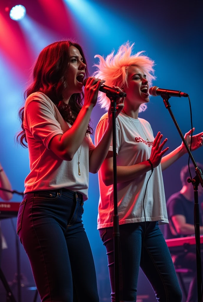 (GOOD QUALITY, : 1.8), brunette singer and brunette singer, brown, singing pop techno, yelling: 1, lights: 1.5, hair stuck, hair blonde: 1.3, (holding microphone: 1.2), Shirt with Echo Grace written on it, comely, red and blue, Face ultra detailed, band playing keyboard and drums in the back detailed, praising God, feeling the presence of God.