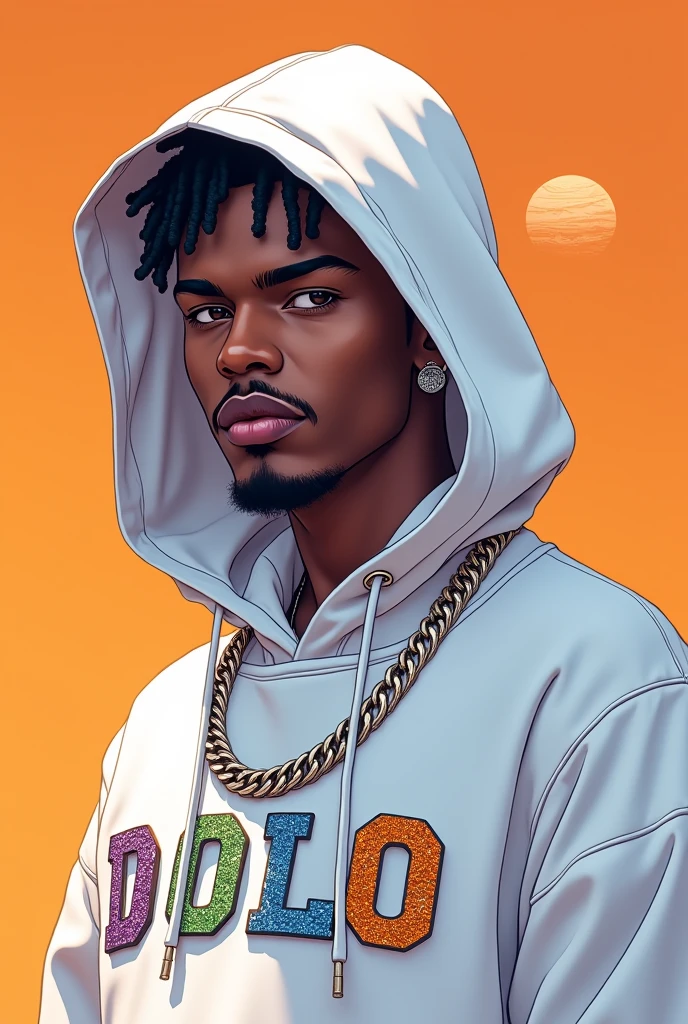 Rappeur blanc avec une cagoule et une chaine en diamend sur laquelle il est ercrit DOLO en violet vert orange et bleu . Le tout sur un fond orange avec la terre en holograme . Le tout en dessin animé .