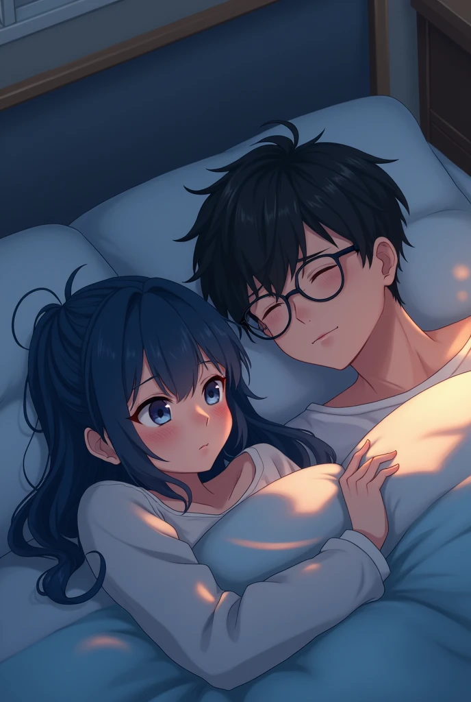 Anime drawing of a girl with long navy blue hair, waking up in bed with a guy with short black hair wearing glasses