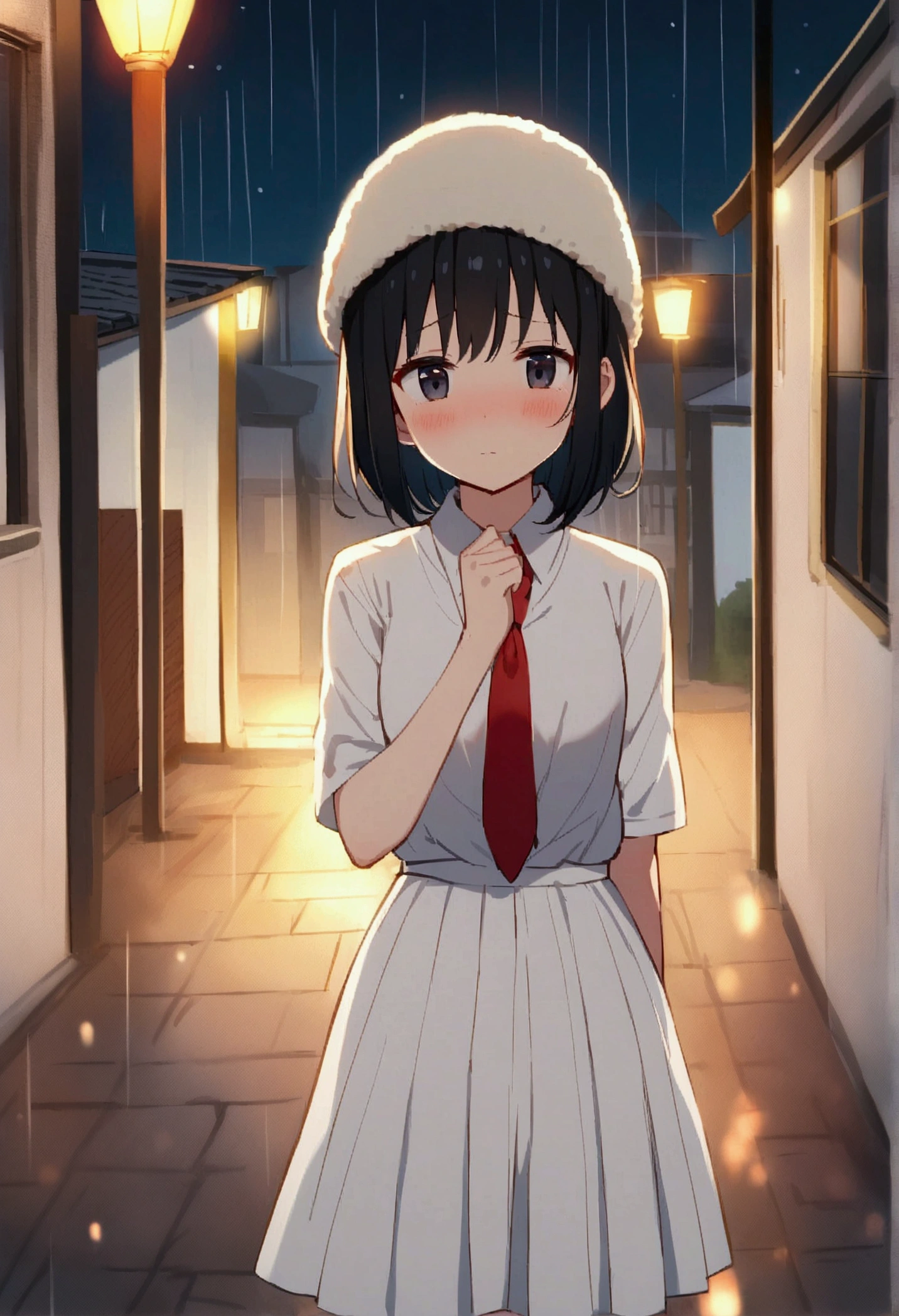 anime girl, short black hair without bangs, black eyes, wearing a white shirt, red tie, white knee-length skirt, wool hat red, blush, a bit sad, it was raining at night, looking at the houses with low lights on