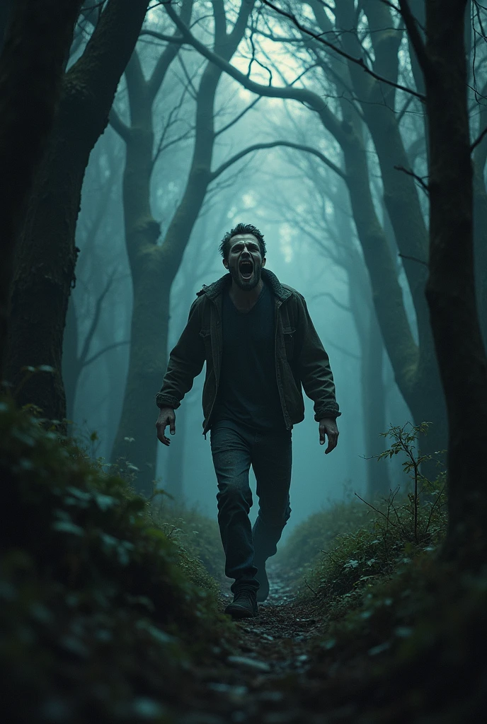 MAKE A FRIGHTENED MAN WALKING IN A SHADOWY FOREST WITH HIGH DETAILS.