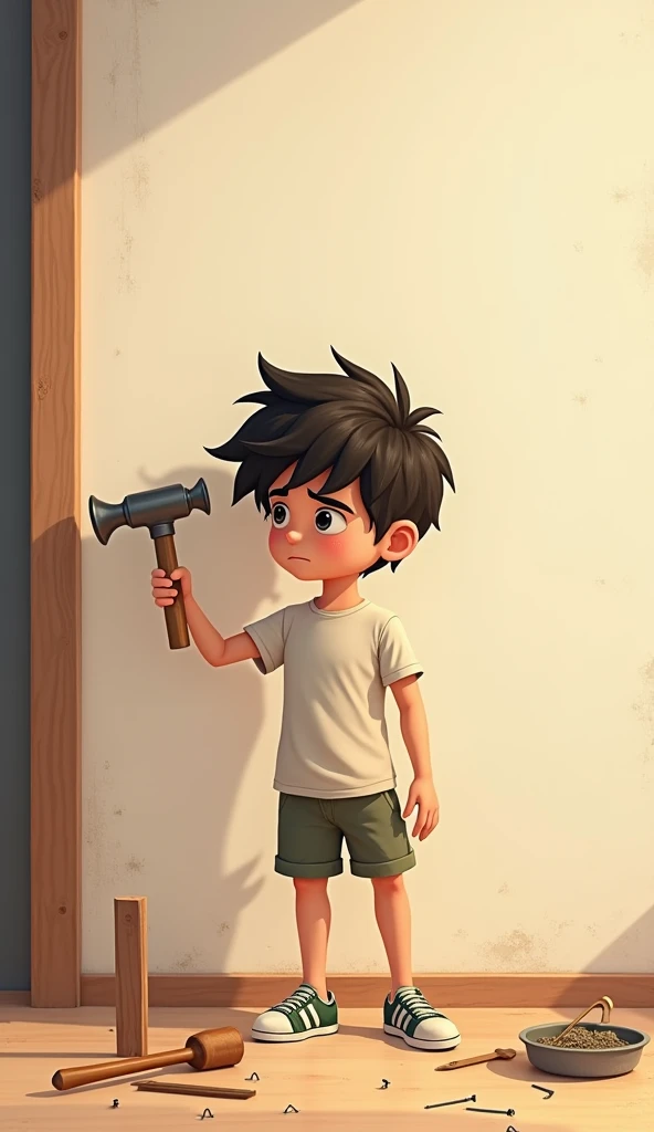 A boy around 10- with a mop of unruly hair, wearing a simple T-shirt and shorts. He has a determined expression, showing frustration when hammering the nails on the wall, but gradually his face reflects growth and understanding as he learns the lesson.