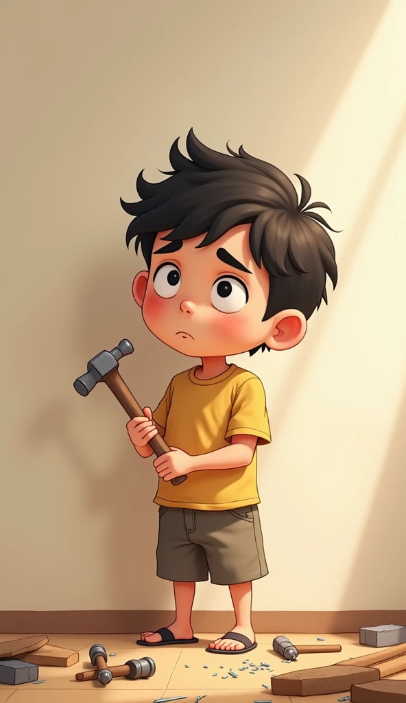 A boy around 10- with a mop of unruly hair, wearing a simple T-shirt and shorts. He has a determined expression, showing frustration when hammering the nails on the wall, but gradually his face reflects growth and understanding as he learns the lesson.