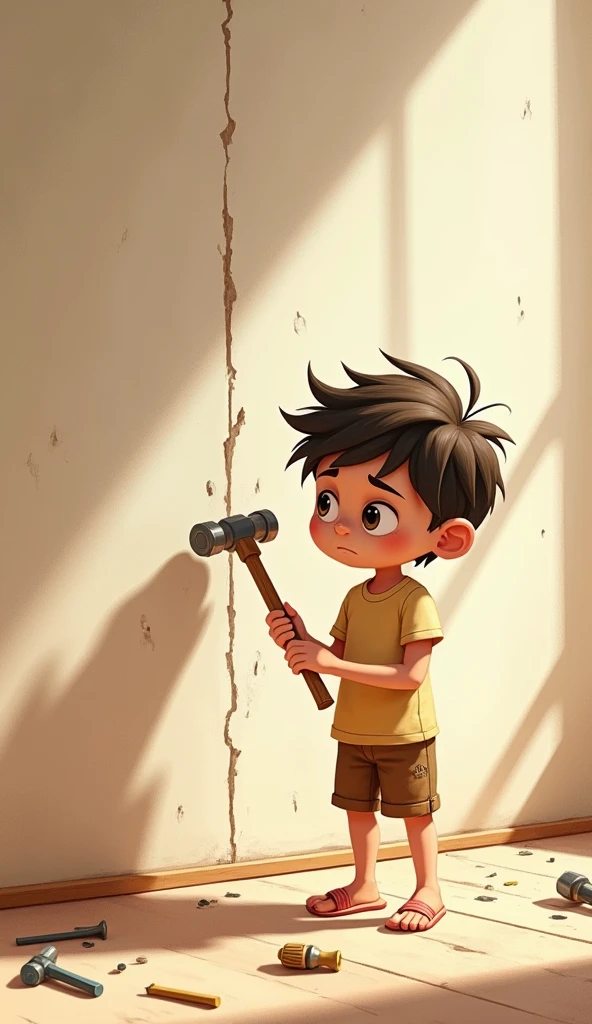 A boy - with a mop of unruly hair, wearing a simple T-shirt and shorts. He has a determined expression, showing frustration when hammering the nails on the wall, but gradually his face reflects growth and understanding as he learns the lesson.