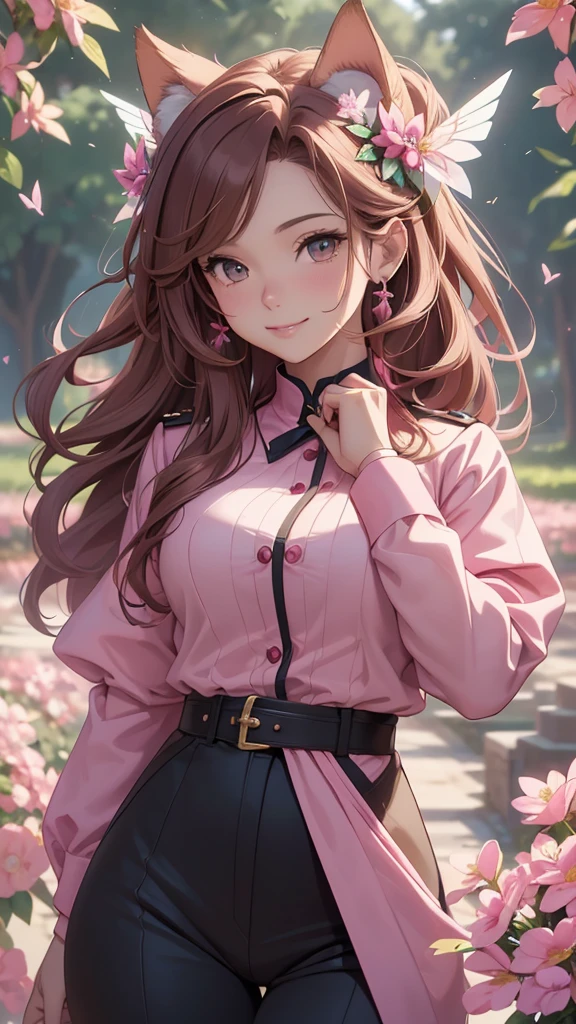 (best quality,4k,8k,highres,masterpiece:1.2),ultra-detailed,(realistic,photorealistic,photo-realistic:1.37),acrylic painting,beautiful Brazilian model in a uniform outfit with downy hair,beautiful Brazilian model with extremely colorful brown hair and detailed facial features,beautiful Brazilian model standing in a beautiful garden sakura flowers, long hair,cat ears, hair bows, red and pink uniform outfits, smile, happy face,light brown hair,butterflies, brown eyes, mature woman, older woman, 30 year old, adult woman. Older lady, posing,Solo, teal and pink butterflies, close up