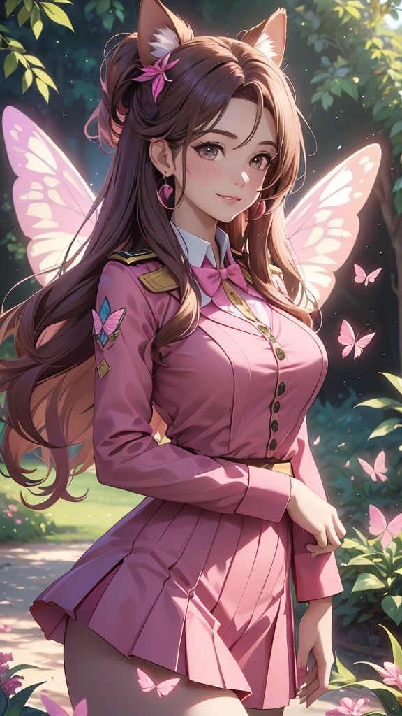 (best quality,4k,8k,highres,masterpiece:1.2),ultra-detailed,(realistic,photorealistic,photo-realistic:1.37),acrylic painting,beautiful Brazilian model in a uniform outfit with downy hair,beautiful Brazilian model with extremely colorful brown hair and detailed facial features,beautiful Brazilian model standing in a beautiful garden sakura flowers, long hair,cat ears, hair bows, red and pink uniform outfits, smile, happy face,light  brown  hair,butterflies, brown eyes,  mature woman, older woman, 30 year old, adult woman. Older lady, posing,Solo, teal and pink butterflies, close up