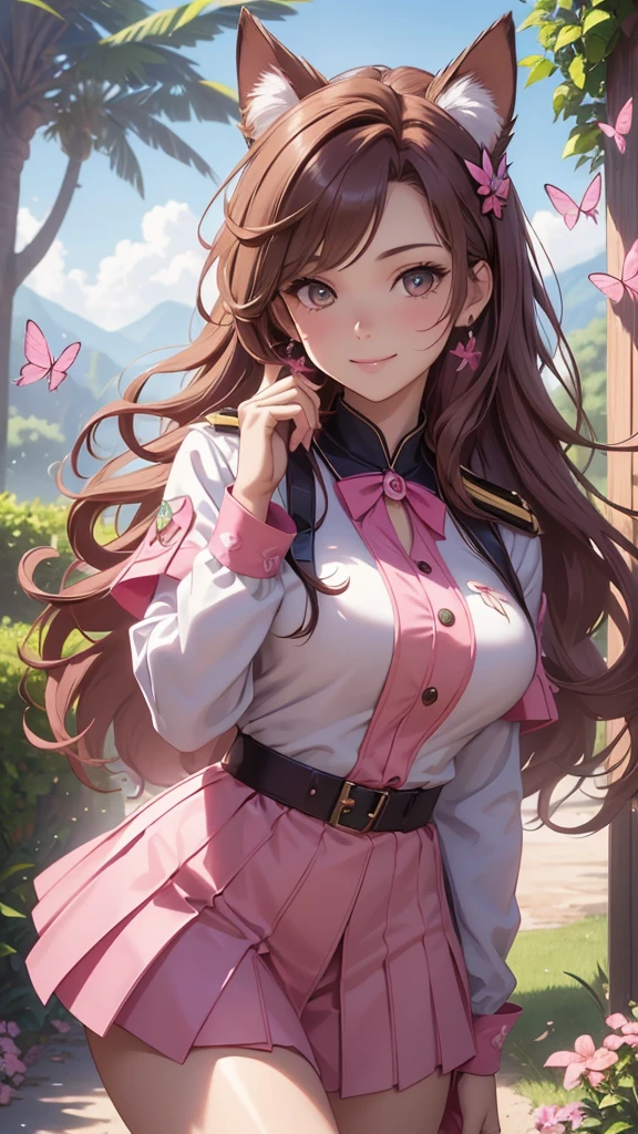 (best quality,4k,8k,highres,masterpiece:1.2),ultra-detailed,(realistic,photorealistic,photo-realistic:1.37),acrylic painting,beautiful Brazilian model in a uniform outfit with downy hair,beautiful Brazilian model with extremely colorful brown hair and detailed facial features,beautiful Brazilian model standing in a beautiful garden sakura flowers, long hair,cat ears, hair bows, red and pink uniform outfits, smile, happy face,light brown hair,butterflies, brown eyes, mature woman, older woman, 30 year old, adult woman. Older lady, posing,Solo, teal and pink butterflies, close up