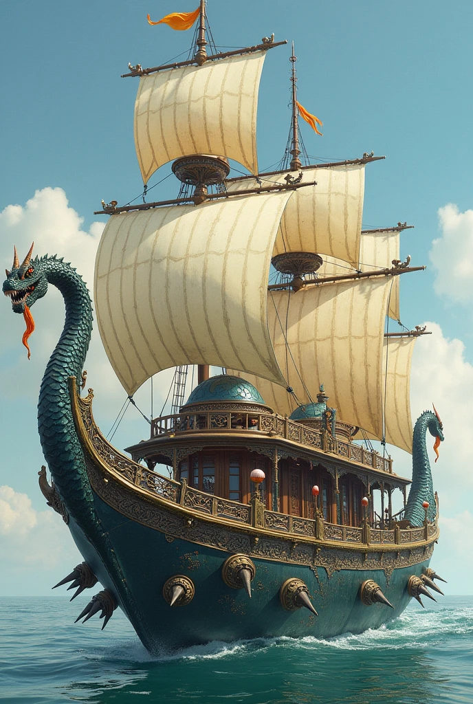 Oriental Boat with 8 draconic sails, a horned crocodile-like figurehead, and a domed cabin. It also has four spiked wheels on the side for land mobility 