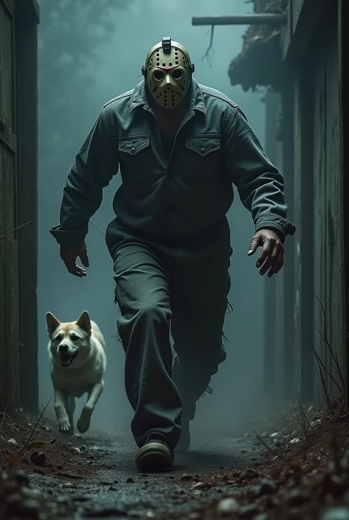 Horror movie character Jason chasing after a scared dog 