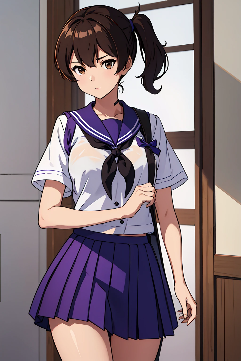 best quality, masterpiece, highres, solo, {kaga_kantaicollection:1.15}, brown_hair, side_ponytail, brown_eyes, short_hair, breasts, long_hair, 1girl, White school uniform Blue skirt cowboy shot Simple background black choker  (wet transparent purple bura、)