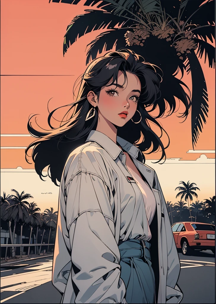 Retro Girl, Miami, sunset, Classic Cars, Palm tree, the 90s, (Flat Color, flat texture, Line art:1.2), Graphical Design, (Dark ink, Ink Black),