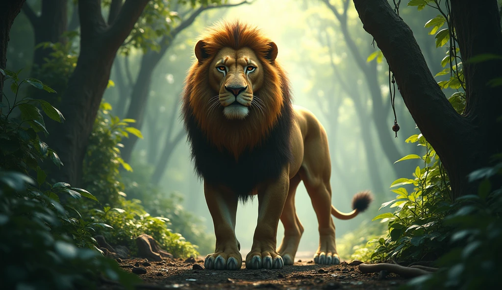 A fierce lion standing in the dense forest, with trees and thick foliage surrounding it, looking powerful and intimidating."