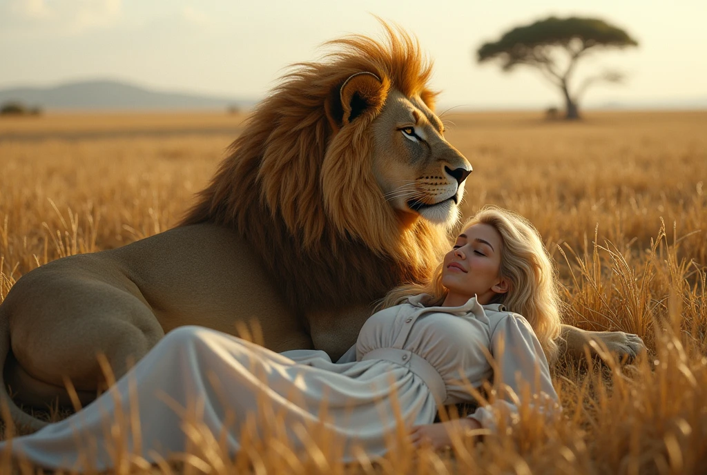 Create a captivating, hyper-realistic, AI-generated artwork of a lion lying on the ground in an African savanna. The lion should be depicted in a natural and tranquil moment, resting with its powerful, muscular form fully visible. Next to the lion, a White woman with blonde hair is lying down, leaning against the lion in a peaceful, relaxed manner. The scene should reflect the African landscape, with a backdrop of lush vegetation, tall grasses, and perhaps a few distant acacia trees. Use earthy, natural tones to depict the savanna and the lion’s golden-brown fur, highlighting the contrast between the lion, the woman, and the surrounding environment. The lighting should be soft and natural, conveying the warmth of the African sun and the peacefulness of the scene. The style should be hyper-realistic yet artistic, with an intense focus on the fine details of the lion, the woman, and their habitat. The final artwork should be high-resolution and visually striking, capturing the serene connection between the woman and the lion in their natural setting.

