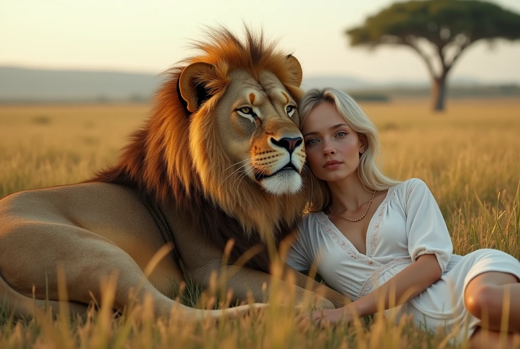 Create a captivating, hyper-realistic, AI-generated artwork of a lion lying on the ground in an African savanna. The lion should be depicted in a natural and tranquil moment, resting with its powerful, muscular form fully visible. Next to the lion, a White woman with blonde hair is lying down, leaning against the lion in a peaceful, relaxed manner. The scene should reflect the African landscape, with a backdrop of lush vegetation, tall grasses, and perhaps a few distant acacia trees. Use earthy, natural tones to depict the savanna and the lion’s golden-brown fur, highlighting the contrast between the lion, the woman, and the surrounding environment. The lighting should be soft and natural, conveying the warmth of the African sun and the peacefulness of the scene. The style should be hyper-realistic yet artistic, with an intense focus on the fine details of the lion, the woman, and their habitat. The final artwork should be high-resolution and visually striking, capturing the serene connection between the woman and the lion in their natural setting.