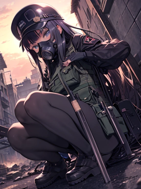 ruri gokou, (Ultra-high resolution), (masterpiece), (Attention to detail), (high quality), (最high quality) , 1 girl, alone, Hime cut, Long Hair, ((Sniper)), full body armor, Bullet protector, Sniper scope, battlefield, gas mask, Prone shooting position, Desert camouflage, Tactical Pouch, silencer, Instant reflexes, heights, sunset, tension, Combat helmet, Rifle Stock, Bullet belt, battlefield, Open at night, moonlight