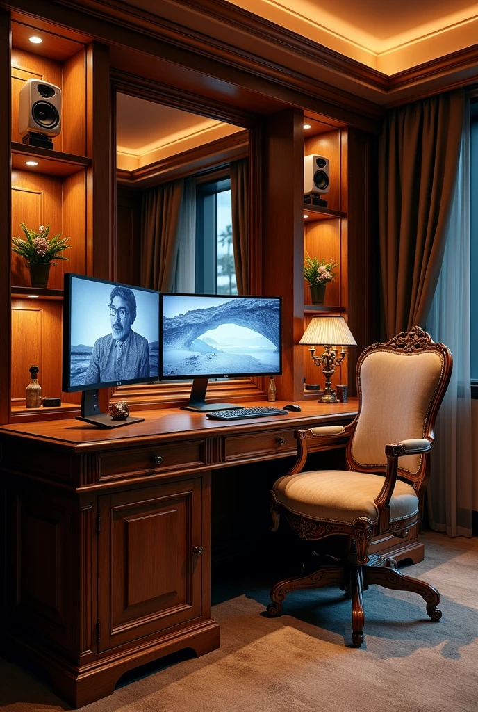create a harmonious blend of classic and modern design, workstation with screens and speakers, classic wooden desk, antique and detailed chair, work environment with comfort and style, harmonious and stimulating lighting, perfect workplace,