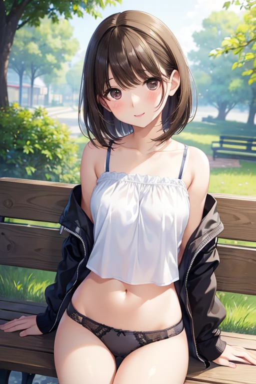 anegasaki nene、Shiny brown hair, short hair, (Beautiful brown eyes、Sparkling eyes, Fine grain)、smile、Ultra-detailed eyes、Highly detailed face, Highly detailed eyes,
alone, 1 female, White skin,
(Small breasts:1.1), On a park bench, cute, a bit, Kindergarteners, 5 heads, , (masterpiece, Highest quality, 4K:1.2),
((One girl:1.3)), beauty, cute, ((Sexy Underwear:1.3)), ((Thin panties:1.3)) ,