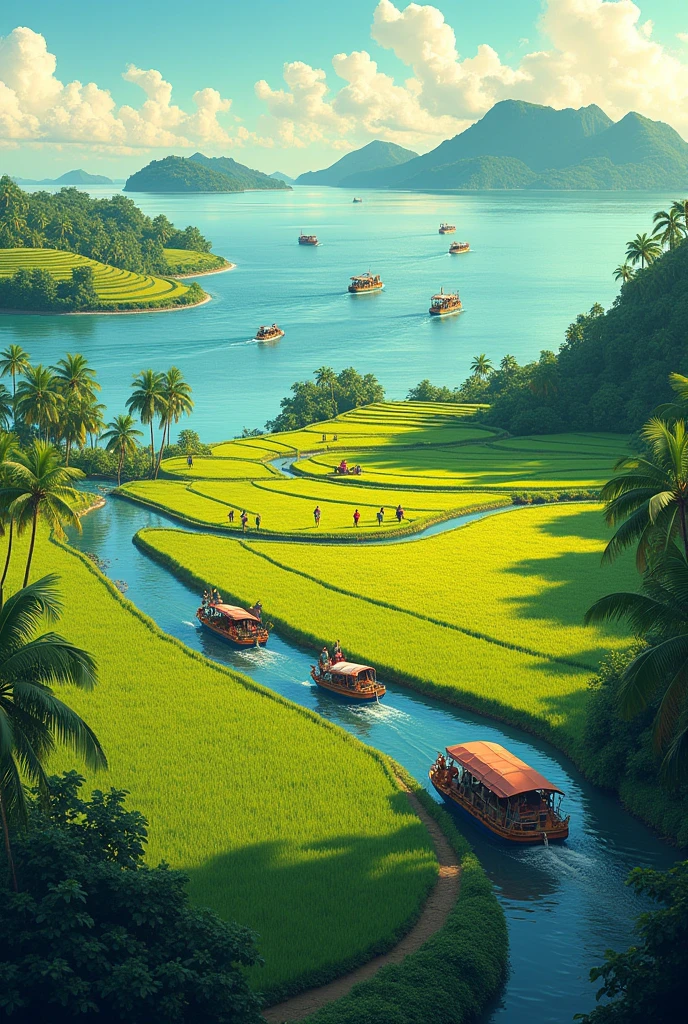 Illustration of rice fields and the crossing route between Java and Sumatra