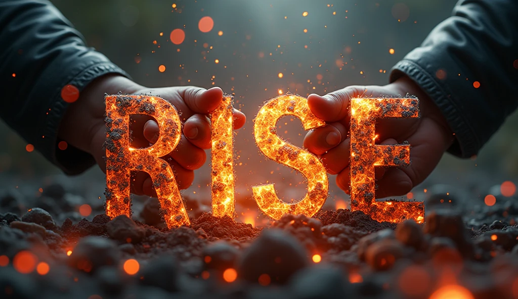 Visual: A pair of hands breaking free from chains, with fiery ashes falling from the broken links.
Background: Dark with sparks and embers floating around.
Text: "Rise" in bold, dynamic font with "from the Ashes" written in a smaller, distressed font. ultra 3d