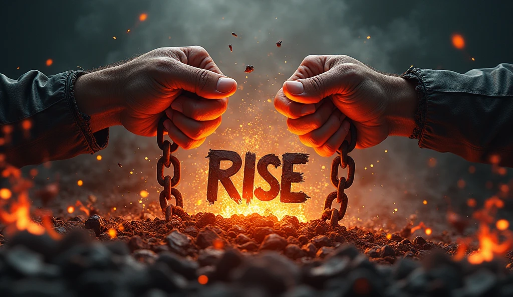 Visual: A pair of hands breaking free from chains, with fiery ashes falling from the broken links.
Background: Dark with sparks and embers floating around.
Text: "Rise" in bold, dynamic font with "from the Ashes" written in a smaller, distressed font. ultra 3d