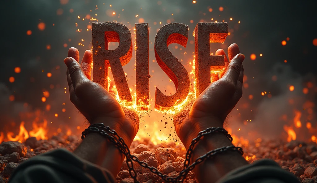 Visual: A pair of hands breaking free from chains, with fiery ashes falling from the broken links.
Background: Dark with sparks and embers floating around.
Text: "Rise" in bold, dynamic font with "from the Ashes" written in a smaller, distressed font. ultra 3d