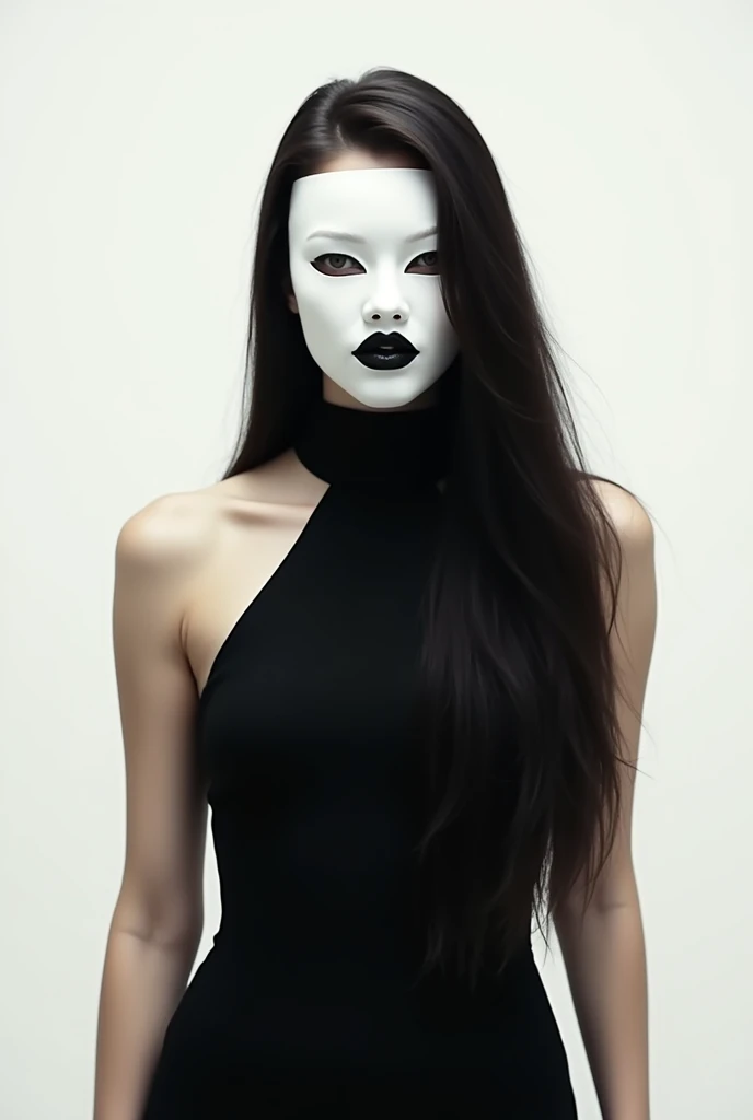 Make a woman with a white mask over her face with a black mouth and neutral emotion, long hair wearing a black dress