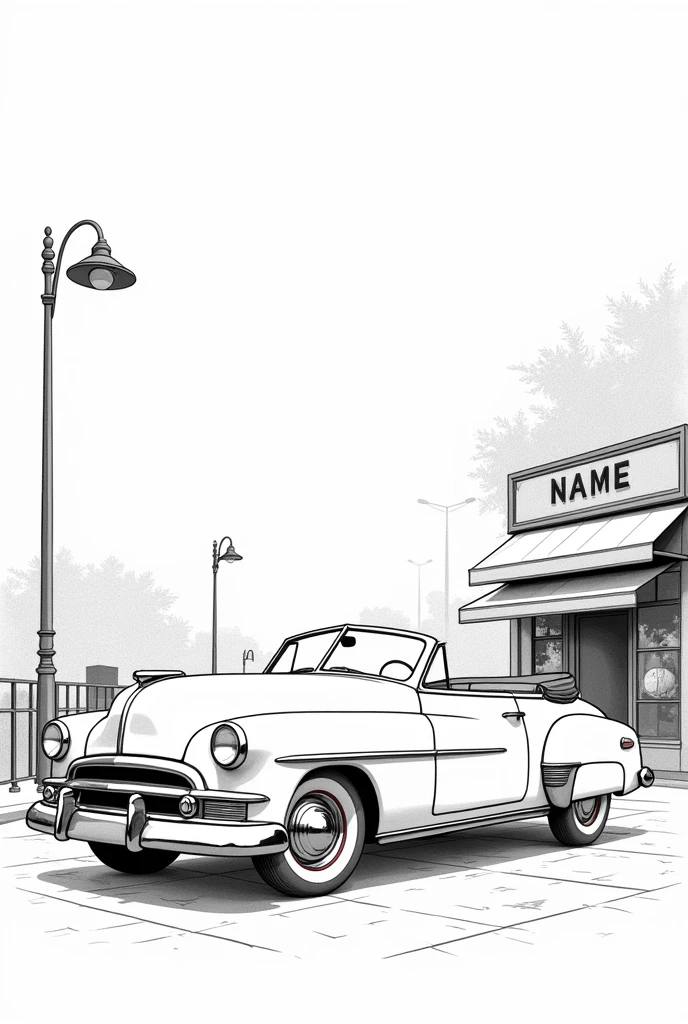 Please, Create a black and white drawing of a classic 1950s car, with rounded shapes and a convertible roof. The car should be parked in front of a cafe or a simple cityscape, with space for children to draw additional details such as people or streetlights.