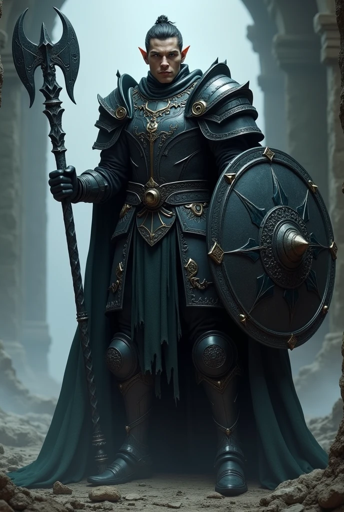 Tall Male elf , dark short hair ,pale skin ,dark blue eyes no beard with dark heavy armor , mace and Great shield