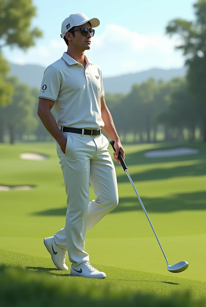 (Photorealism:1.2), golfer playing on the course full body brown hair and eyes wearing a white Fred Perry polo shirt and Rayban sunglasses and white Nike sneakers 8k ultra realistic photorealistic super detailed