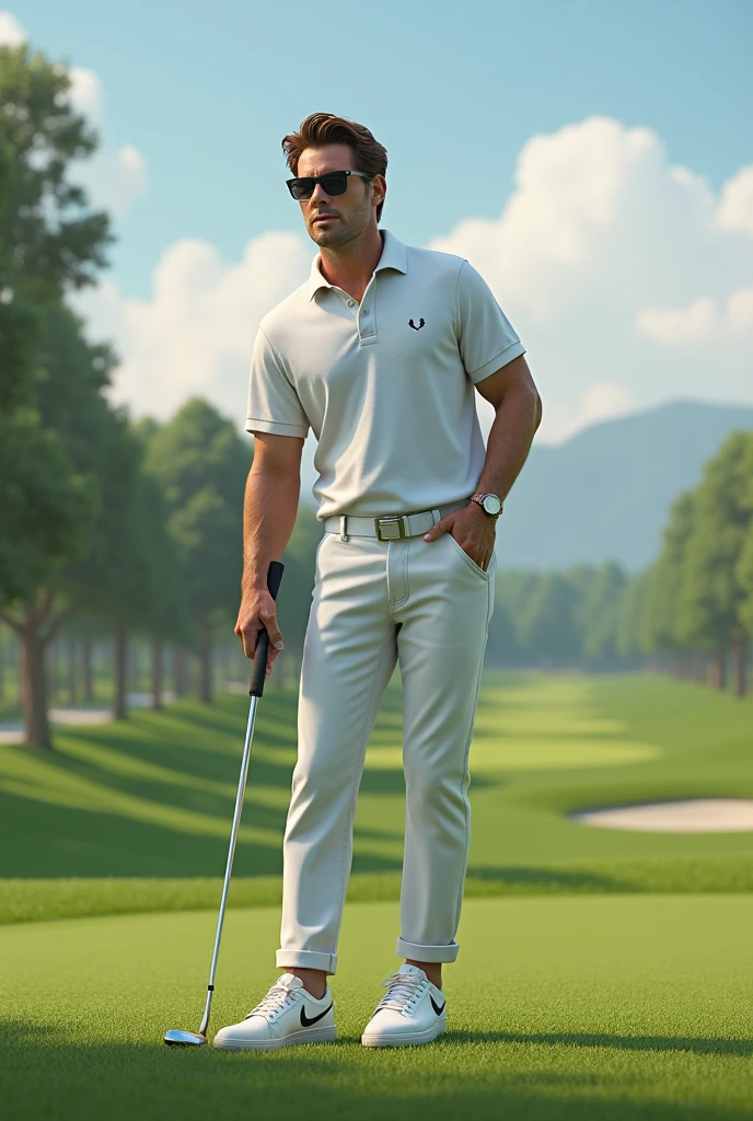 (Photorealism:1.2), golfer playing on the course full body brown hair and eyes wearing a white Fred Perry polo shirt and Rayban sunglasses and white Nike sneakers 8k ultra realistic photorealistic super detailed 
